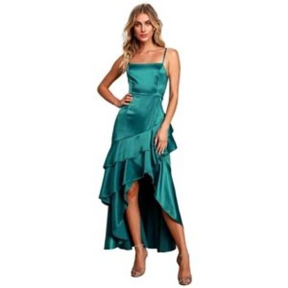 Lulus Yori Teal Green Satin Ruffled High-Low Maxi Dress - Picture 12 of 16